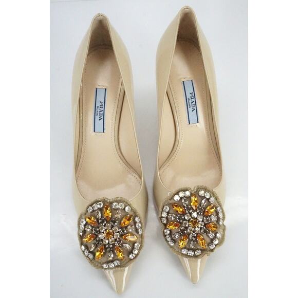 Prada Nude Patent Beaded Broach Mid Heel Pointy Toe Pumps - Picture 12 of 12